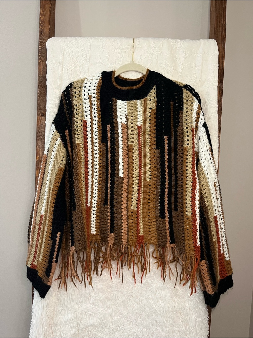 Gilded Intent Boho Patchwork Multicolor Knit Fringe Sweater M